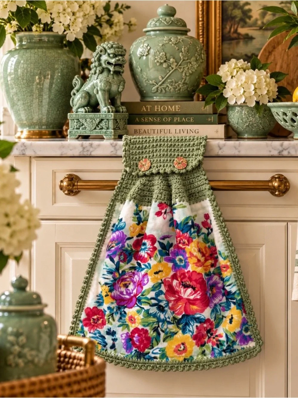 Pioneer Woman Floral Sage Green Crochet Hanging Kitchen Towel